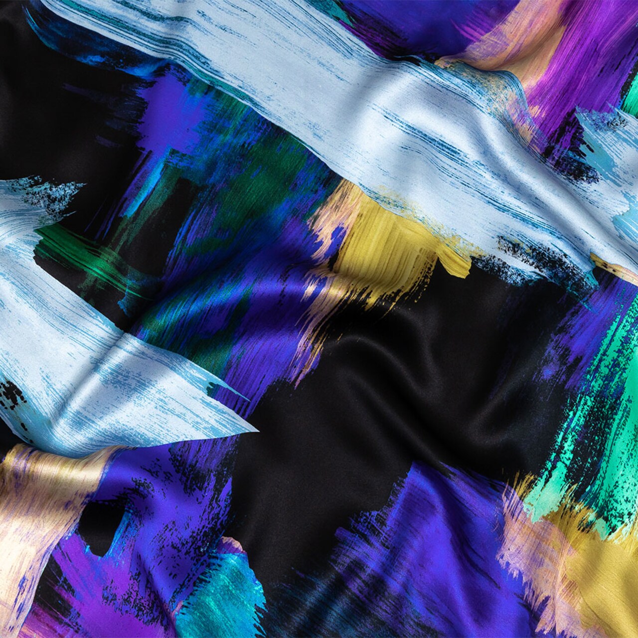 1 Yard Silk Charmeuse Fabric Black, Mint and Purple Painterly Abstract Italian Print 53 Inch Width